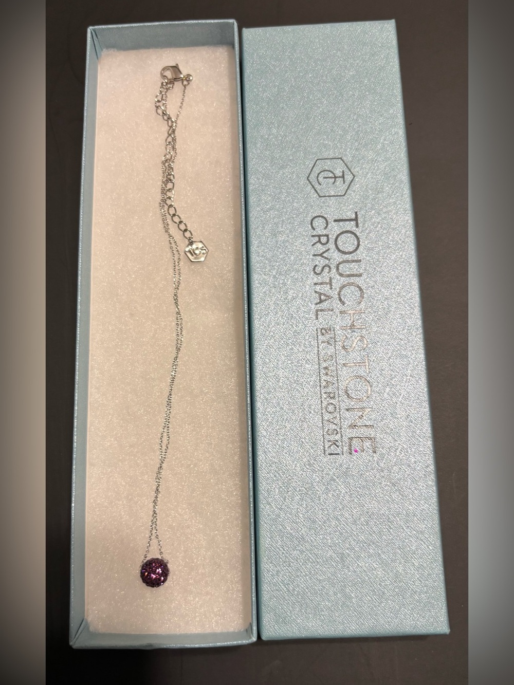 Touchstone Crystal Silver Necklace with Purple Crystal Drop